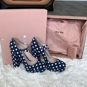 Miu Miu Navy and White Polka Dot Heels